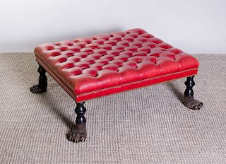 VICTORIAN STYLE CARVED MAHOGANY TUFTED-LEATHER OTTOMAN