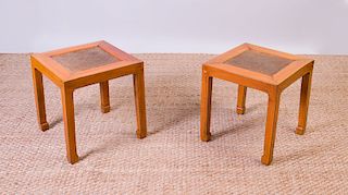 PAIR OF MID-20TH CENTURY MODERN LACQUER AND RATTAN LOW TABLES, CUSTOM DESIGNED BY ED WORMLEY