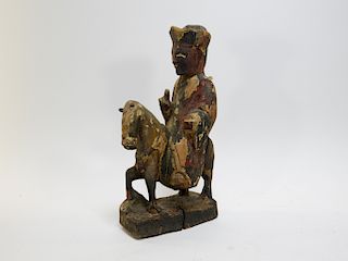 19C. Chinese Polychrome Wood Official on Horseback