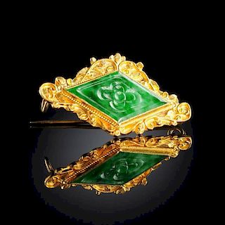 A 24K YELLOW GOLD AND CHINESE "A" JADEITE JADE LADY'S BROOCH,