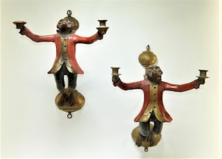 PR Whimsical Carved Wood Monkey Wall Sconces
