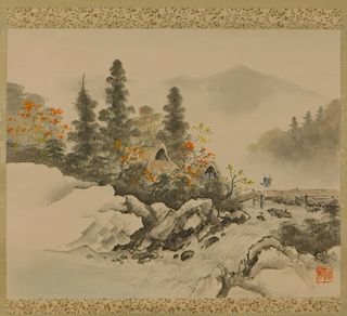 19C. Chinese Bridge Landscape Scroll Painting