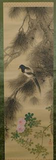 Chinese Silk Bird Evergreen Tree Scroll Painting