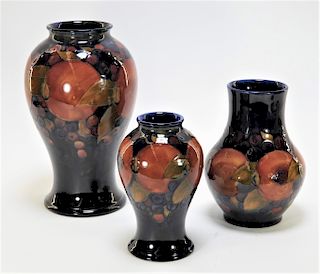3 Moorcroft Pomegranate Pattern Pottery Vases