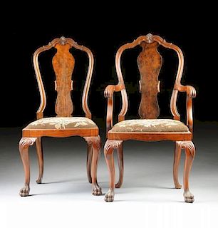 A SET OF TWELVE VINTAGE ENGLISH BURLED WALNUT INLAID DINING CHAIRS, , EARLY 20TH CENTURY,