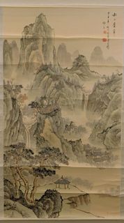 Chinese Mountainous Landscape Silk Scroll Painting