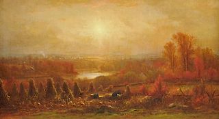 ELISHA W. HALL (American 19th Century) A PAINTING, "Pumpkin Harvest,"