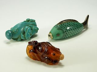 3 Chinese Amber Porcelain Fish Snuff Bottle