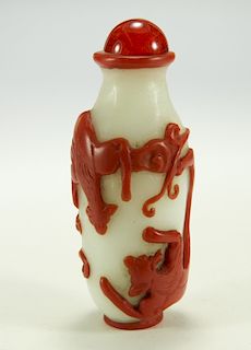 Chinese Red Bat Overlay Peking Glass Snuff Bottle