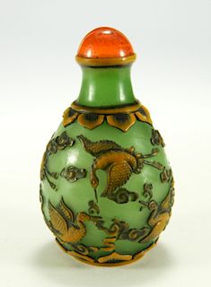 Chinese 2 Color Overlay Peking Glass Snuff Bottle