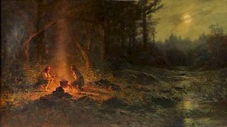 HENRY RASCHEN (American 1854-1937) A PAINTING, "Indian Campfire,"