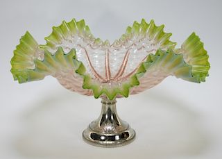 19C. Victorian Diamond Quilted Glass Brides Basket