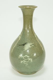 19C. Korean Celadon Porcelain Pear Form Crane Vase