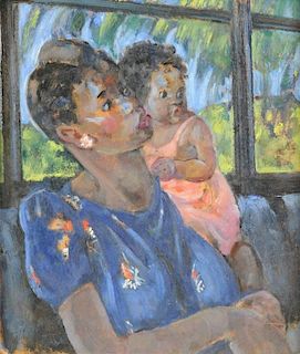 MARTHA WALTER (American 1875-1976) A PAINTING, "Mother Holding Her Daughter,"