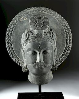 Gandharan Carved Dark Grey Schist Head of Siddhartha