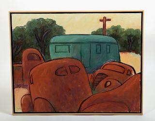 L. Dennis Painting - "Rusting Cars, House Trailer" 1993