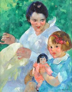 MARTHA WALTER (American 1875-1976) A PAINTING, "Mother and Daughter,"