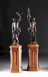 after Valentino Panciera Besarel (Itlaian 1829-1902) AN EXCEPTIONAL PAIR OF ANTIQUE CARVED WALNUT FIGURAL SCULPTURES, REPRESENTING HUNTING AND FISHING
