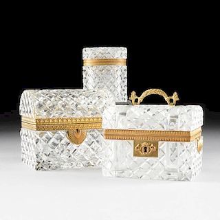 A GROUP OF THREE FRENCH GILT METAL MOUNTED CUT CRYSTAL BOXES, EARLY 20TH CENTURY,