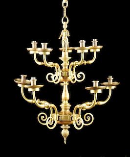 A FLEMISH EIGHT-LIGHT FIGURAL BRONZE AND BRASS CHANDELIER IN THE BAROQUE STYLE, CIRCA 1930-1940,