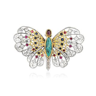 Mario Buccellati Turquoise Ruby Sapphire and Diamond Butterfly Pin