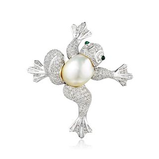 A Cultured Pearl Diamond and Emerald Frog Brooch