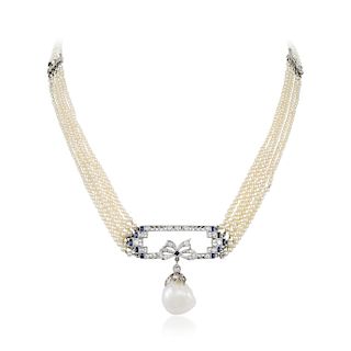 Antique Natural Pearl Diamond and Sapphire Platinum Necklace