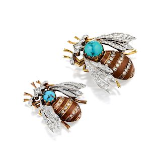 A Set of Turquoise Enamel and Diamond Bee Pins