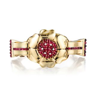 Trabert & Hoeffer Mauboussin Retro Ruby and Diamond Watch Bracelet