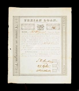 STEPHEN F. AUSTIN, BRANCH T. ARCHER, AND WILLIAM H. WHARTON, FIRST TEXIAN LOAN CERTIFICATE, SIGNED,