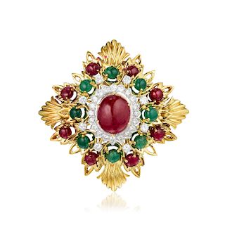 A Ruby Emerald and Diamond Brooch