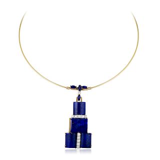 A Collar Necklace with Lapis Lazuli and Diamond Pendant