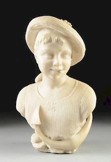 EUROPEAN SCHOOL (Possibly Italian Late 19th/Early 20th Century) A WHITE MARBLE BUST OF A YOUTH WEARING A SHIP'S MATE CAP, TITLED "MARINARD," LATE 19TH