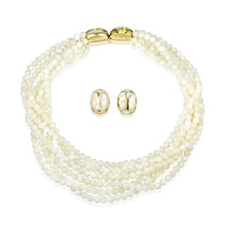 Tiffany & Co. Mother of Pearl Necklace and Earclip Set