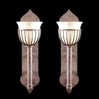 A PAIR OF BARONIAL REVIVAL CAST AND WROUGHT IRON TORCH WALL SCONCES, MODERN,