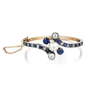Antique Pearl Sapphire and Diamond Silver-Topped Gold Bracelet