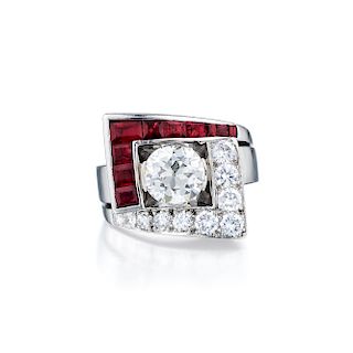 A Diamond and Ruby Platinum Ring