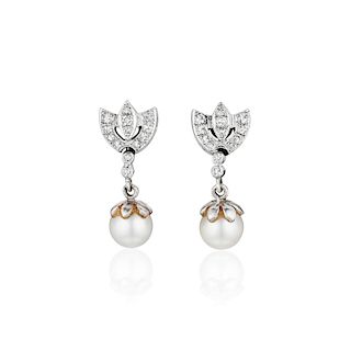 A Pair of 14K White Gold Diamond Pearl Drop Earrings
