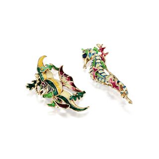 A Group of 18K Gold Enamel Seahorse and Goldfish Pins