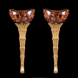 A PAIR OF HOLLYWOOD REGENCY STYLE PARCEL GILT AND FAUX TORTOISESHELL DECORATED WALL SCONCES, MODERN,