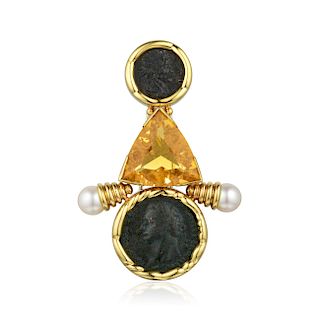 An 18K Gold Old Coin, Citrine and Pearl Brooch