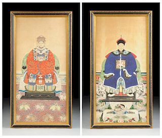 A PAIR OF CHINESE POLYCHROME PAINTED ANCESTOR PORTRAITS, LATE QING DYNASTY/REPUBLIC PERIOD, EARLY 20TH CENTURY,
