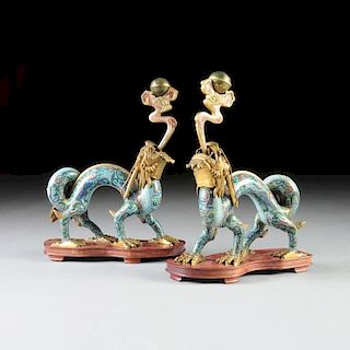 A PAIR OF CHINESE CLOISONNÉ DRAGON FORM CANDLE STANDS, QING DYNASTY, LATE 19TH/EARLY 20TH CENTURY,