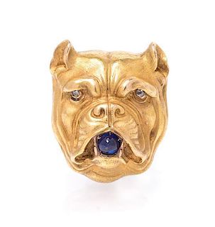 * A Vintage 14 Karat Yellow Gold, Sapphire and Diamond Bulldog Pendant/Brooch, 8.80 dwts.