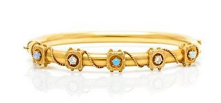 A 14 Karat Yellow Gold, Opal and Diamond Bangle Bracelet, 8.60 dwts.