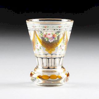 A BIEDERMEIER CLEAR GLASS BEAKER WITH POLYCHROME ENAMEL, GILT, AND FLASHED AMBER DECORATION, PROBABLY BUDAPEST, HUNGARY, CIRCA 1835,