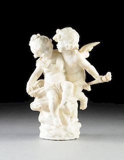 AUGUSTE MOREAU, (FRENCH, 1834-1917), A WHITE MARBLE SCULPTURE OF CUPID AND COMPANION, "Love Blowing Kisses," CIRCA 1900,