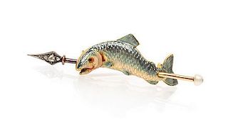 * An Antique Silver, Yellow Gold, Polychrome Enamel, Pearl and Diamond Fish and Spear Brooch, 3.60 dwts.