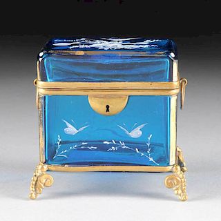 A BOHEMIAN BLUE GLASS GILT METAL MOUNTED CASKET, CIRCA 1880,