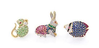 * A Collection of 18 Karat Yellow Gold and Multi Gem Animal Brooches, 18.40 dwts.